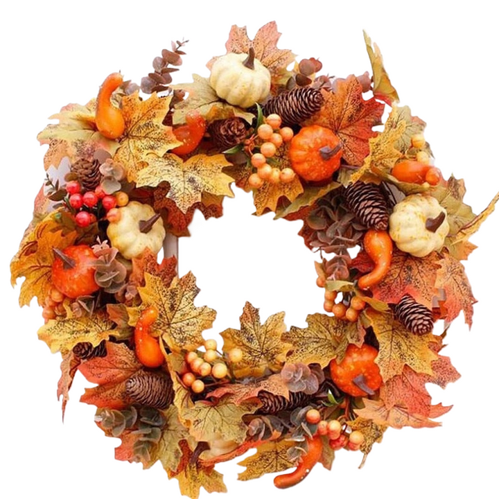 Autumn Door Wreath Christmas Halloween Decoration Pumpkin Berry Pine Cone Maple Artificial Wreath Cloth Rattan Material Home acacuss