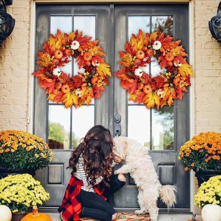 Autumn Door Wreath Christmas Halloween Decoration Pumpkin Berry Pine Cone Maple Artificial Wreath Cloth Rattan Material Home acacuss