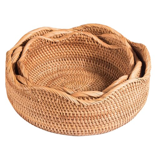 Three natural beige wicker baskets with braided rims, intricately woven and nested, ideal for storage, decor, or organization